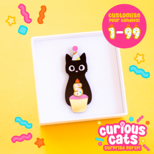 PRE-ORDER Curious Cats Birthday Candles Brooch - Customisable!
